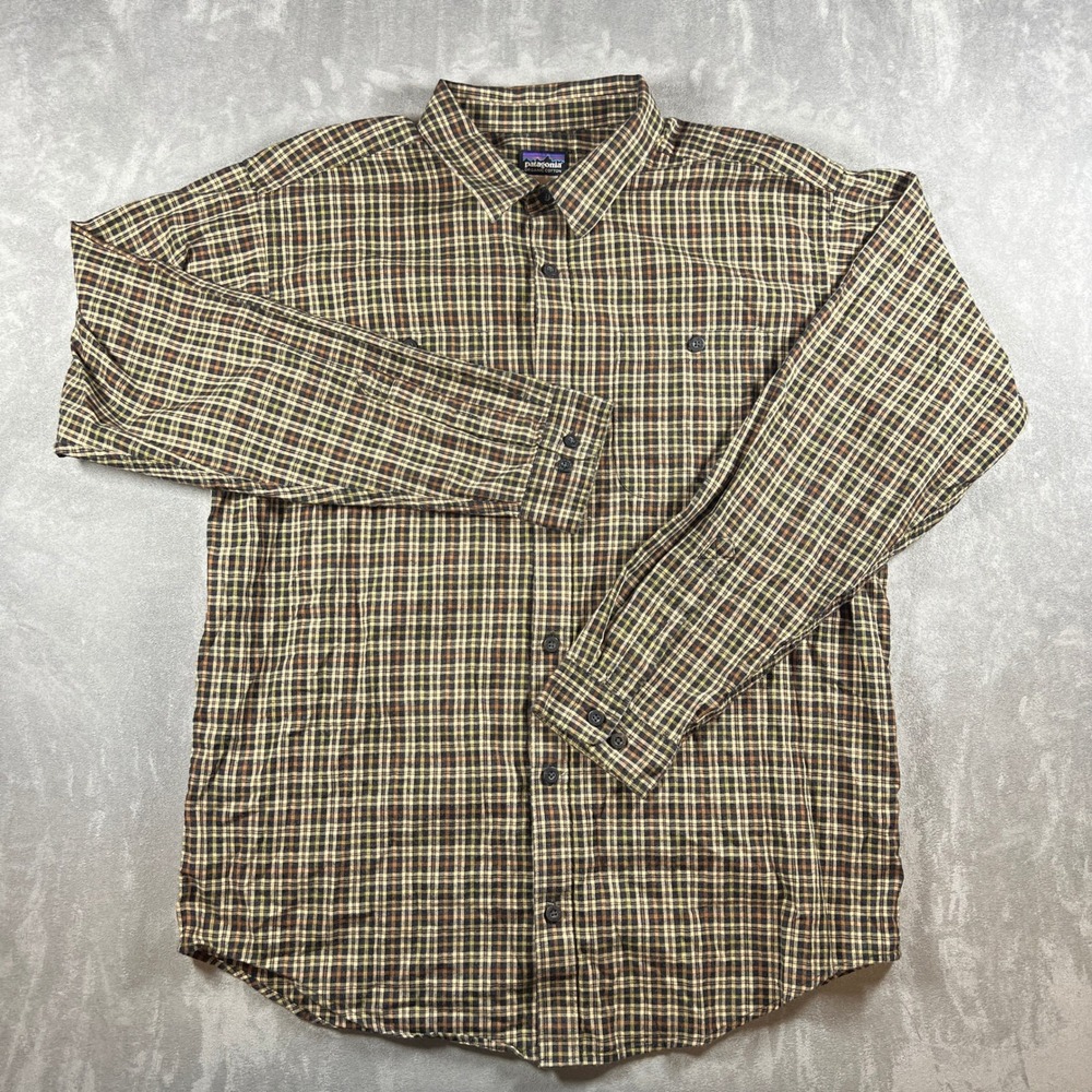 Patagonia Mens Large Brown Plaid Organic Cotton Long Sleeve Button Down Shirt